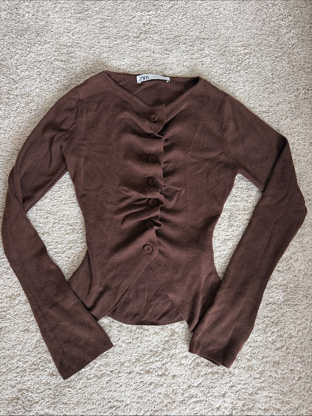 Zara Chocolate Brown Ruched Button-Front Long Sleeve Top
